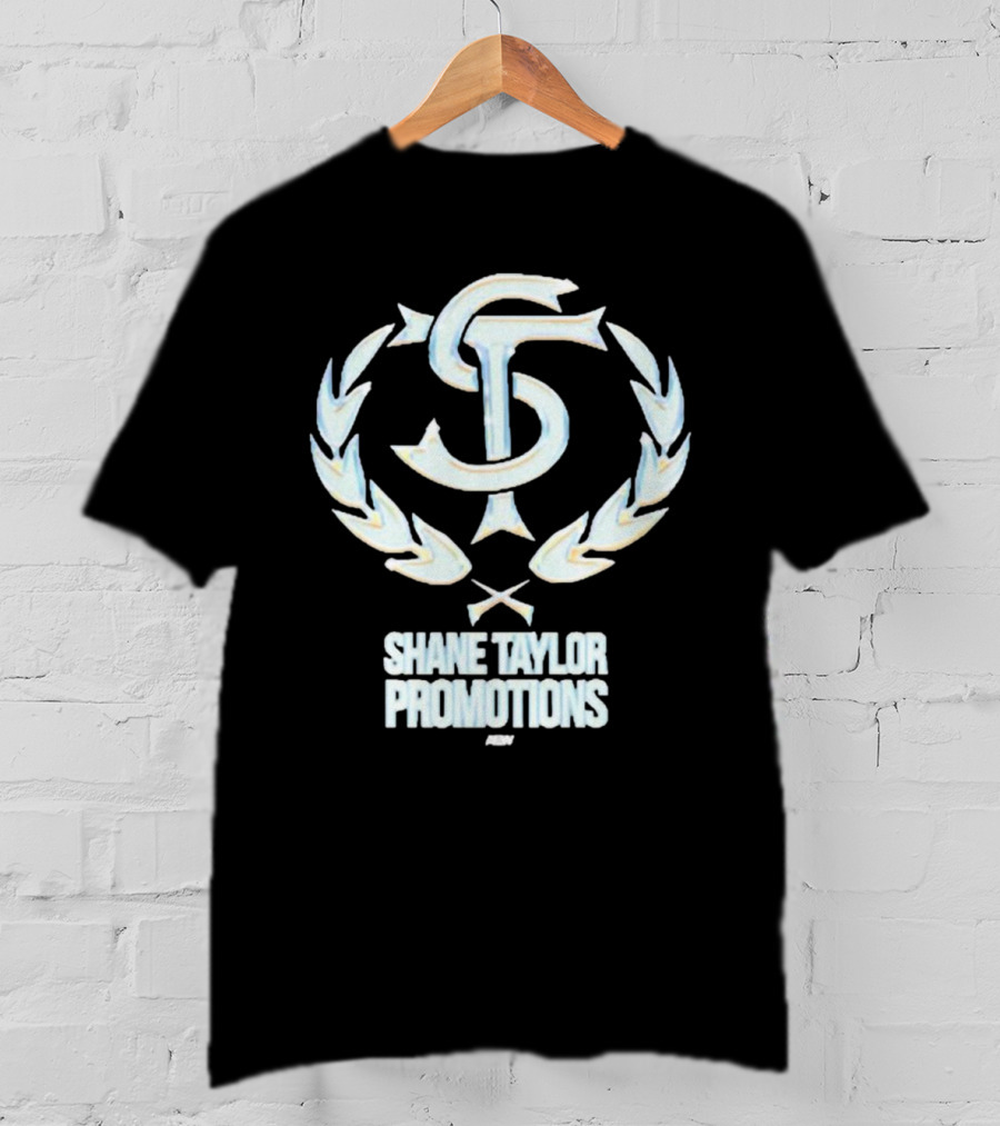 Shane Taylor Promotions ST Logo With Wreath Symbol Above AEW Text T-Shirt