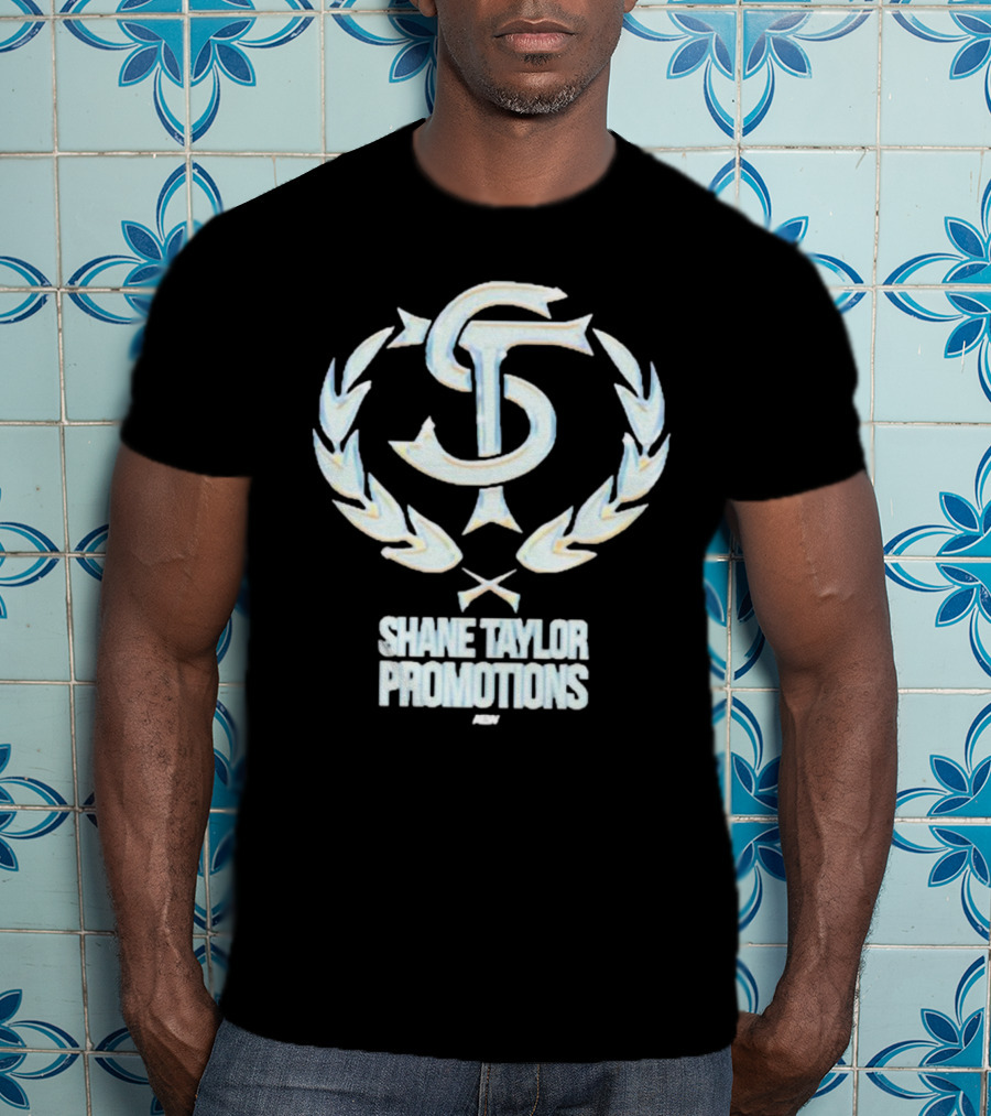 Shane Taylor Promotions ST Logo With Wreath Symbol Above AEW Text T-Shirt