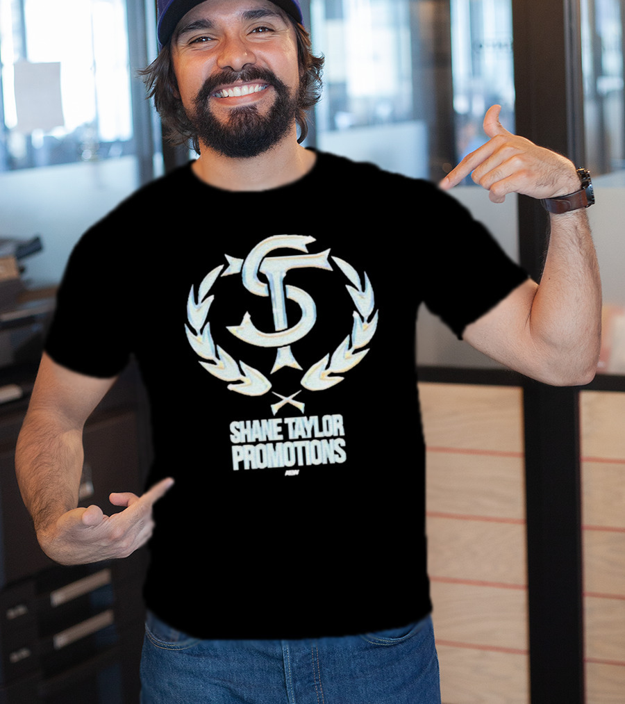 Shane Taylor Promotions ST Logo With Wreath Symbol Above AEW Text T-Shirt