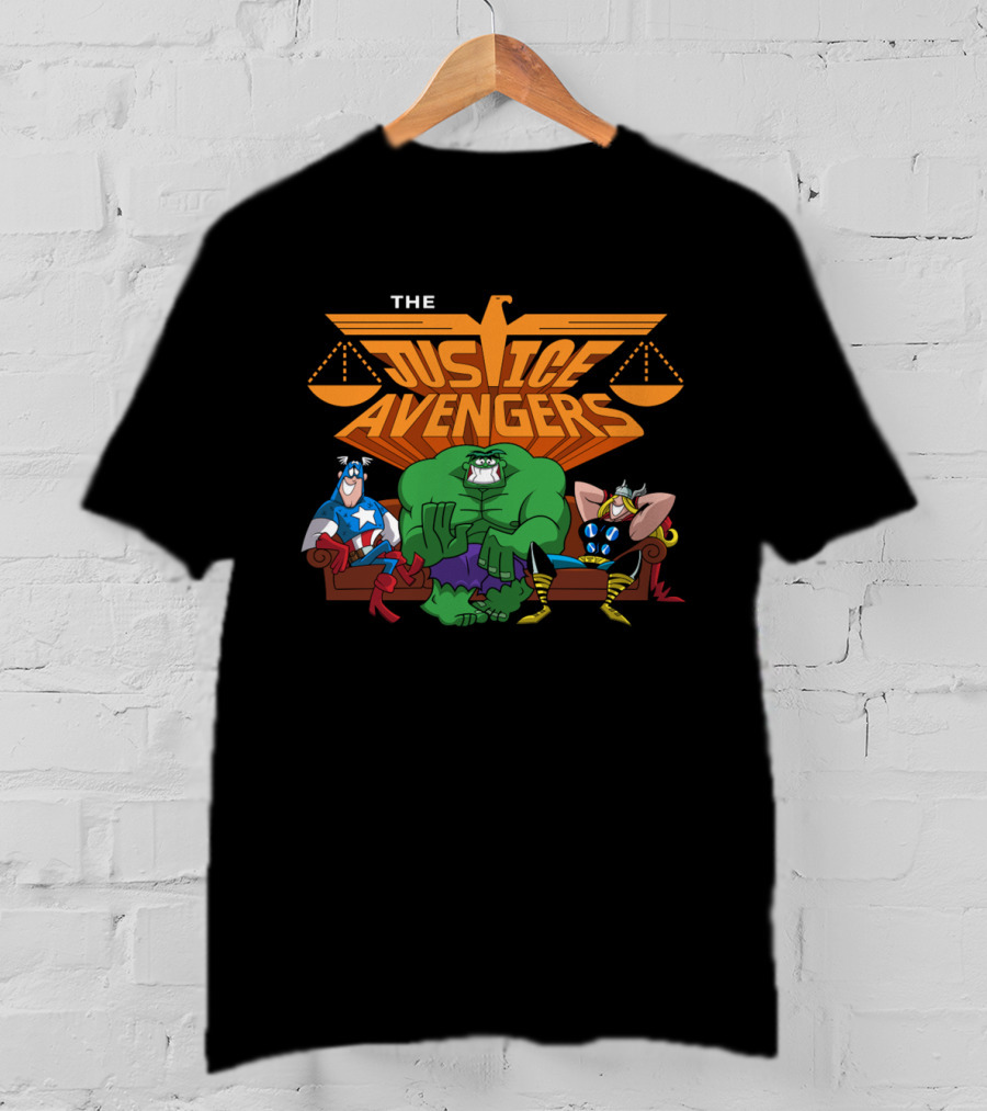 The Justice Avengers Hero Parody Featuring Scales Of Justice And Warrior Figures T-Shirt