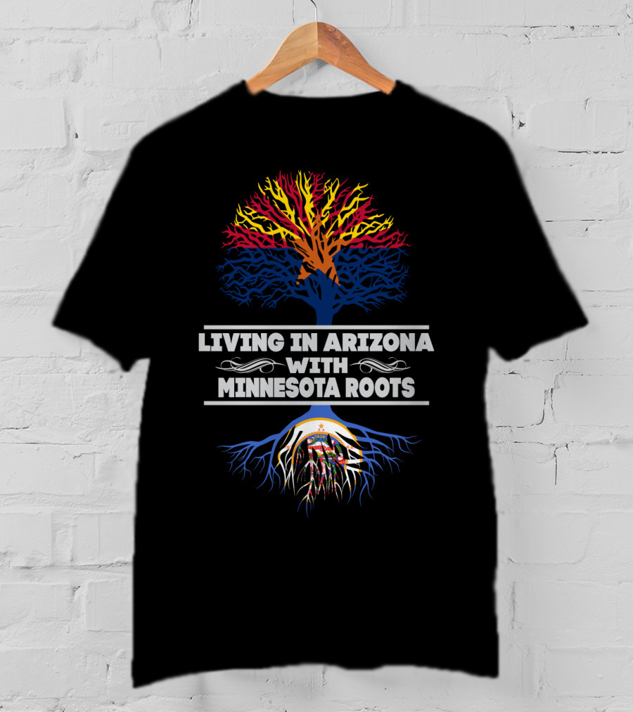 Living In Arizona With Minnesota Roots Tree Design With Dual State Colors T-Shirt