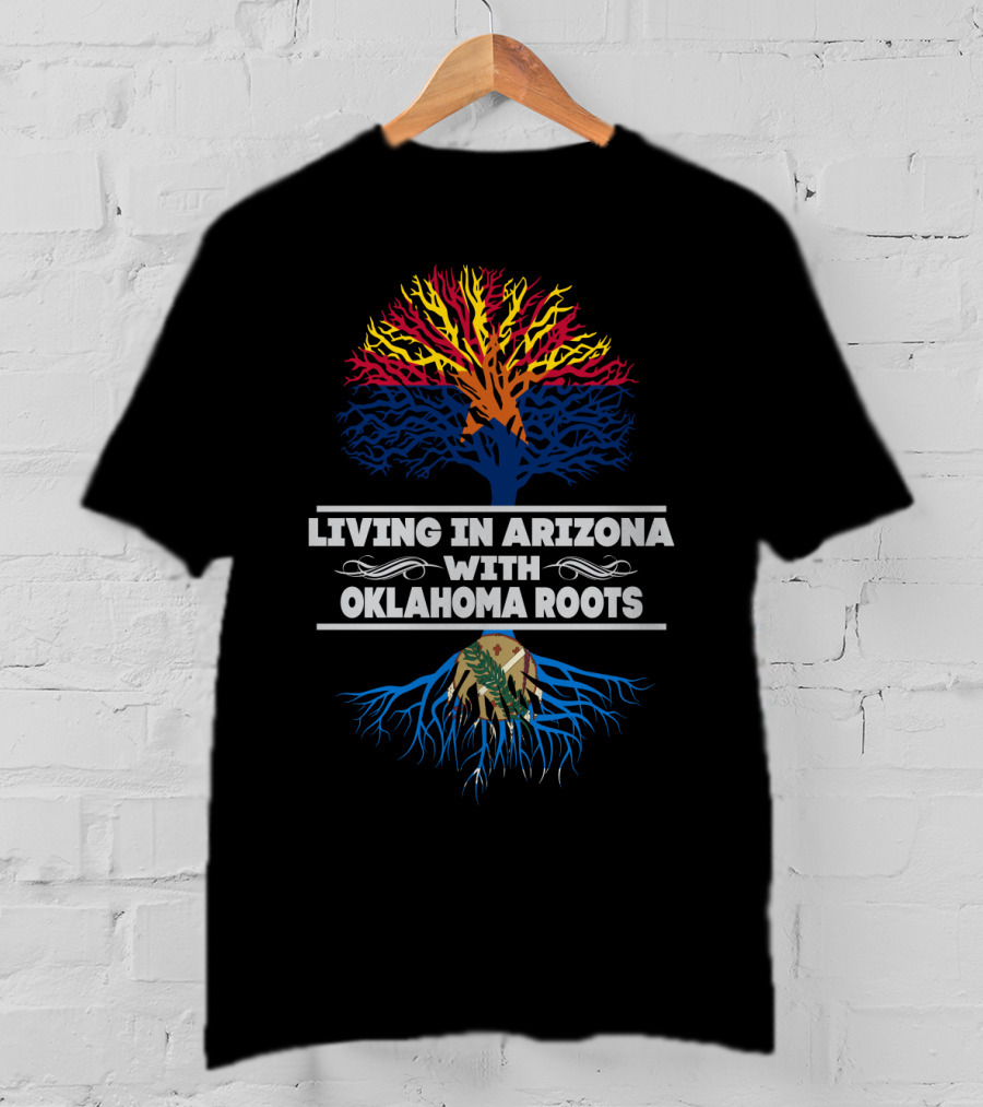 Living In Arizona With Oklahoma Roots Tree Design Featuring State Symbols And Colors T-Shirt