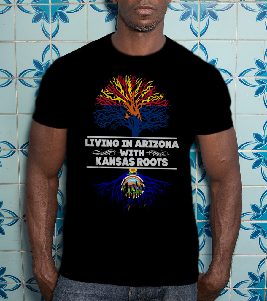 Living In Arizona With Kansas Roots Tree Design Featuring State Colors T-Shirt