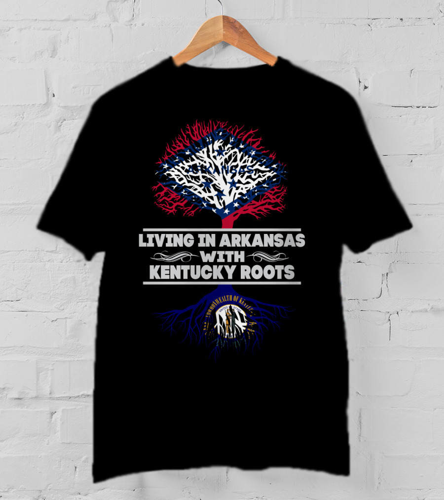 Living In Arkansas With Kentucky Roots Tree Design Featuring Commonwealth Symbol And Patriotic Colors T-Shirt