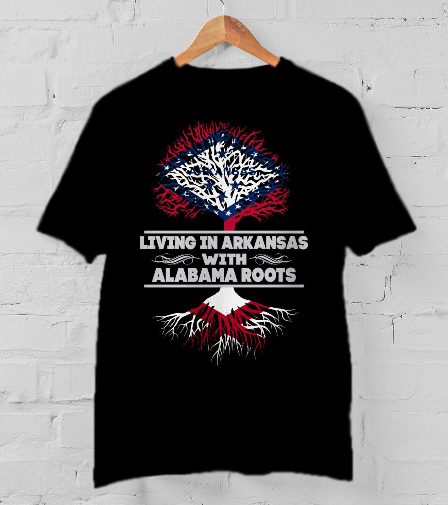 Living In Arkansas With Alabama Roots Tree Design Featuring State Flag Colors And Roots Symbolism T-Shirt