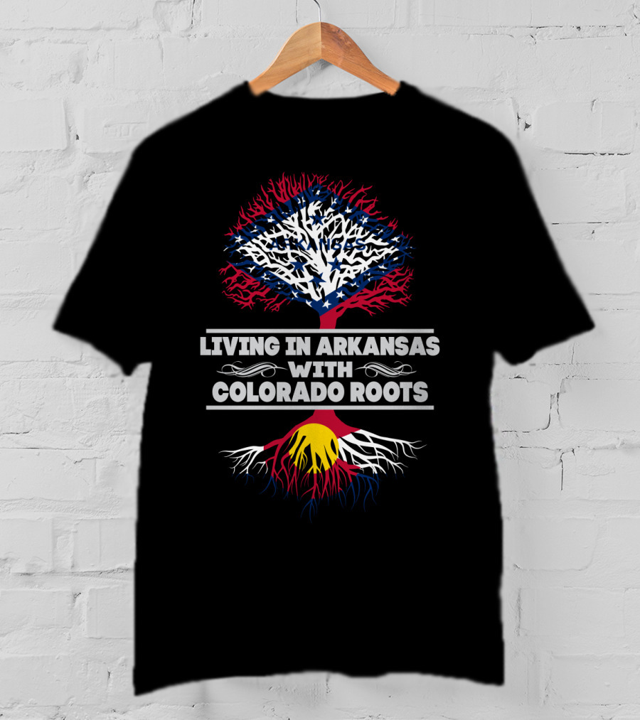 Living In Arkansas With Colorado Roots Tree Design Featuring State Flag Colors And Symbols T-Shirt