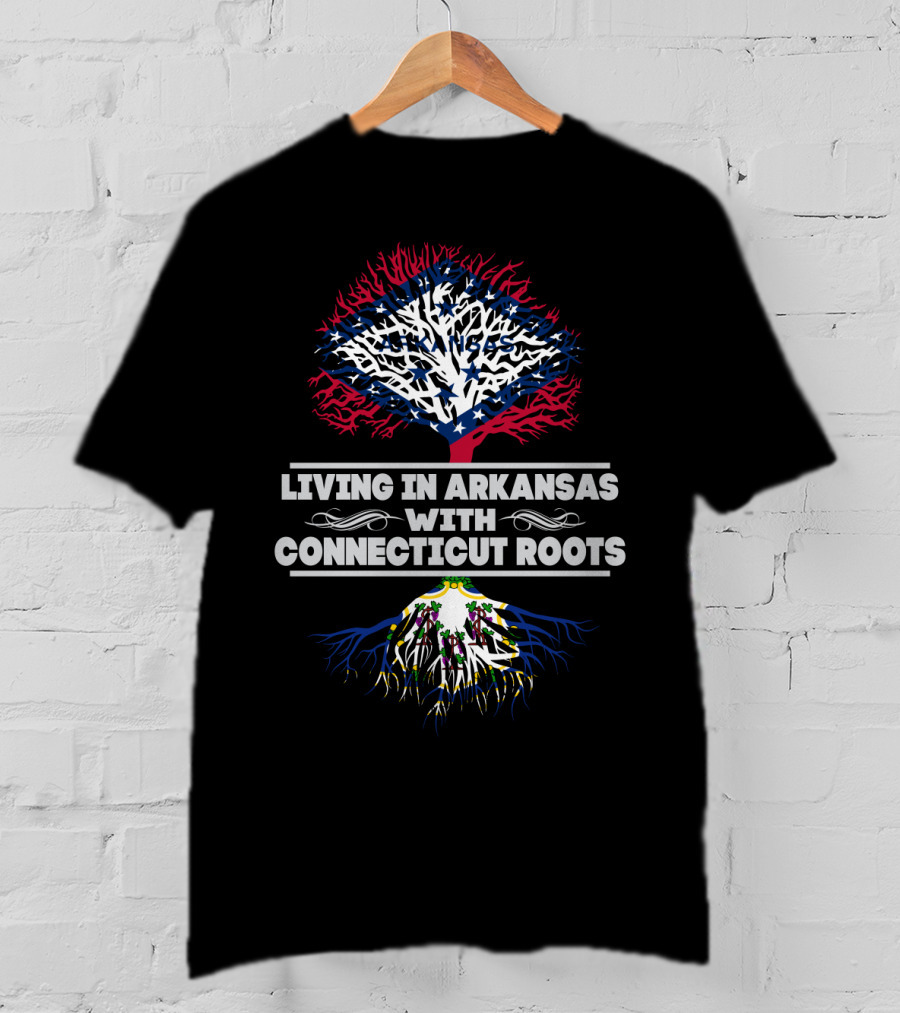 Arkansas Living With Connecticut Roots Tree Design Featuring State Flag Colors And Symbols T-Shirt