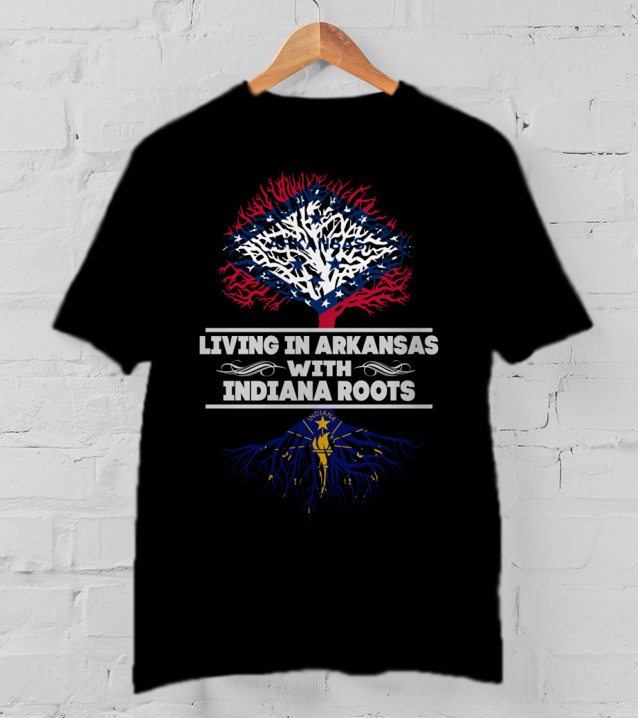 Living In Arkansas Embracing Indiana Roots With State Flag Tree Symbolism T-Shirt