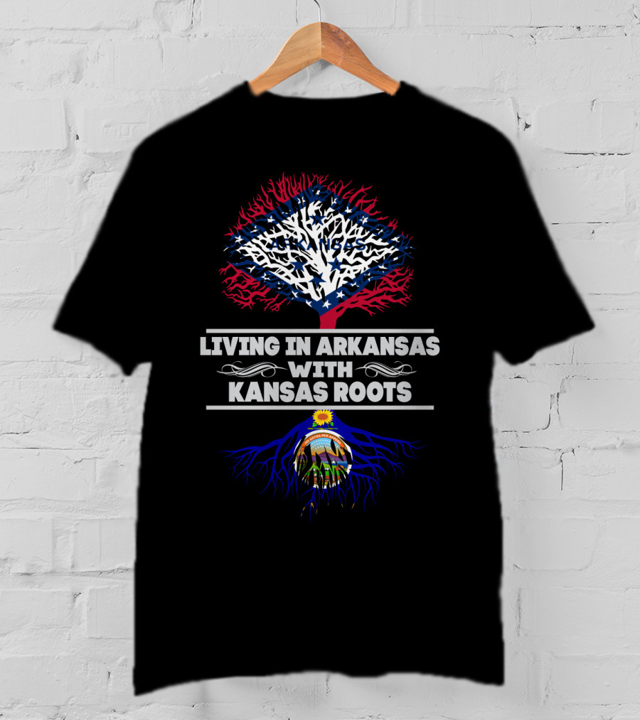 Living In Arkansas With Kansas Roots Showing State Tree And Seal Graphics T-Shirt