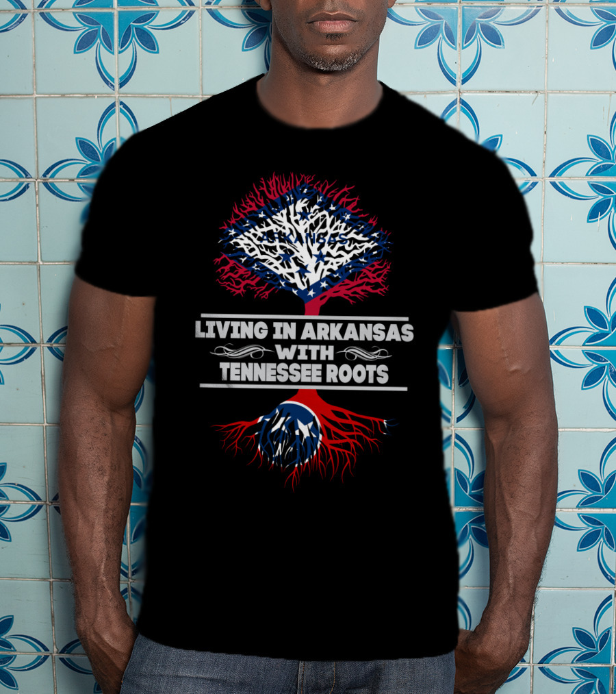 Living In Arkansas With Tennessee Roots Tree Design Featuring State Flags And Symbolic Elements T-Shirt