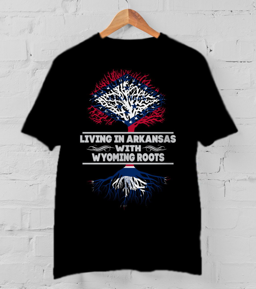 Living In Arkansas With Wyoming Roots Tree Design Featuring State Flag Colors T-Shirt
