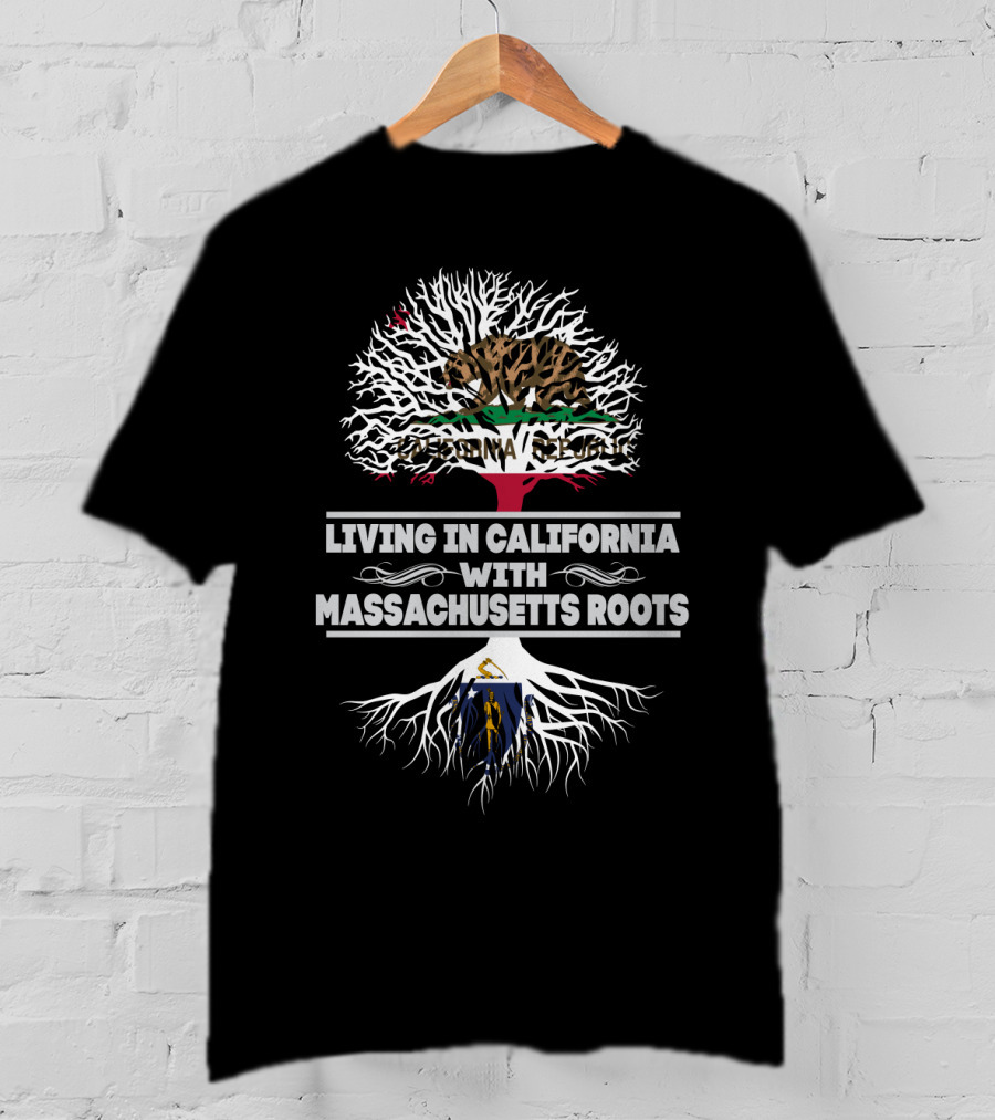 California Republic Bear And Tree Design With Massachusetts Roots T-Shirt