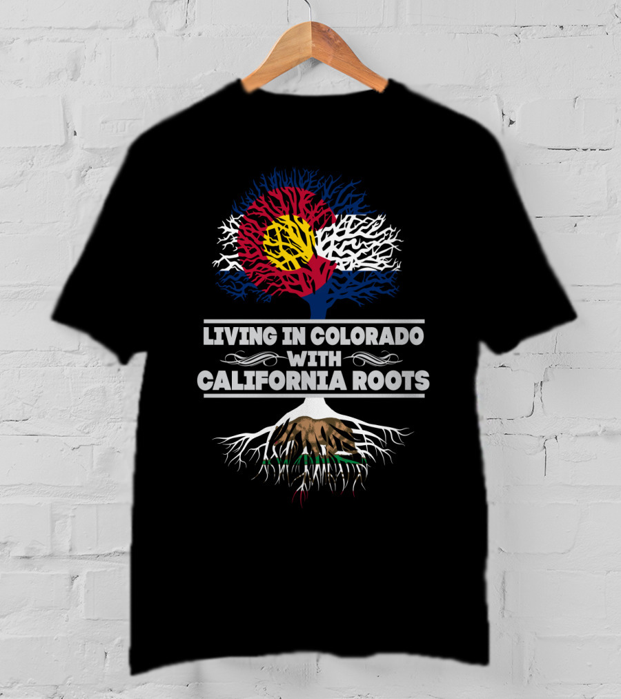 Living In Colorado With California Roots Tree With Colorado And California Flags T-Shirt