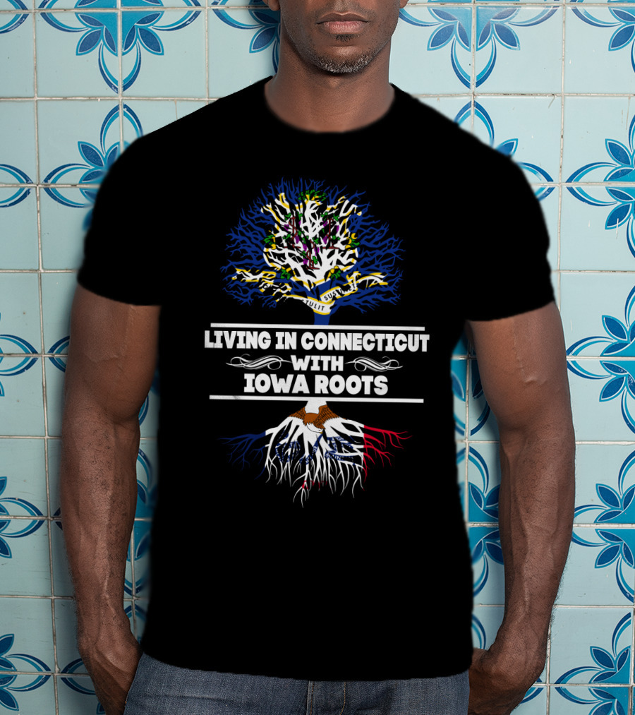 Living In Connecticut With Iowa Roots Tree Design Featuring State Flags T-Shirt