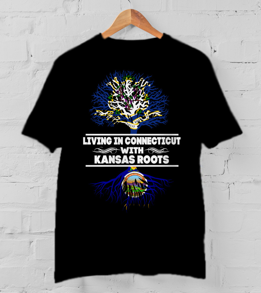 Connecticut Living Kansas Roots Tree Design With State Flags And Symbols T-Shirt