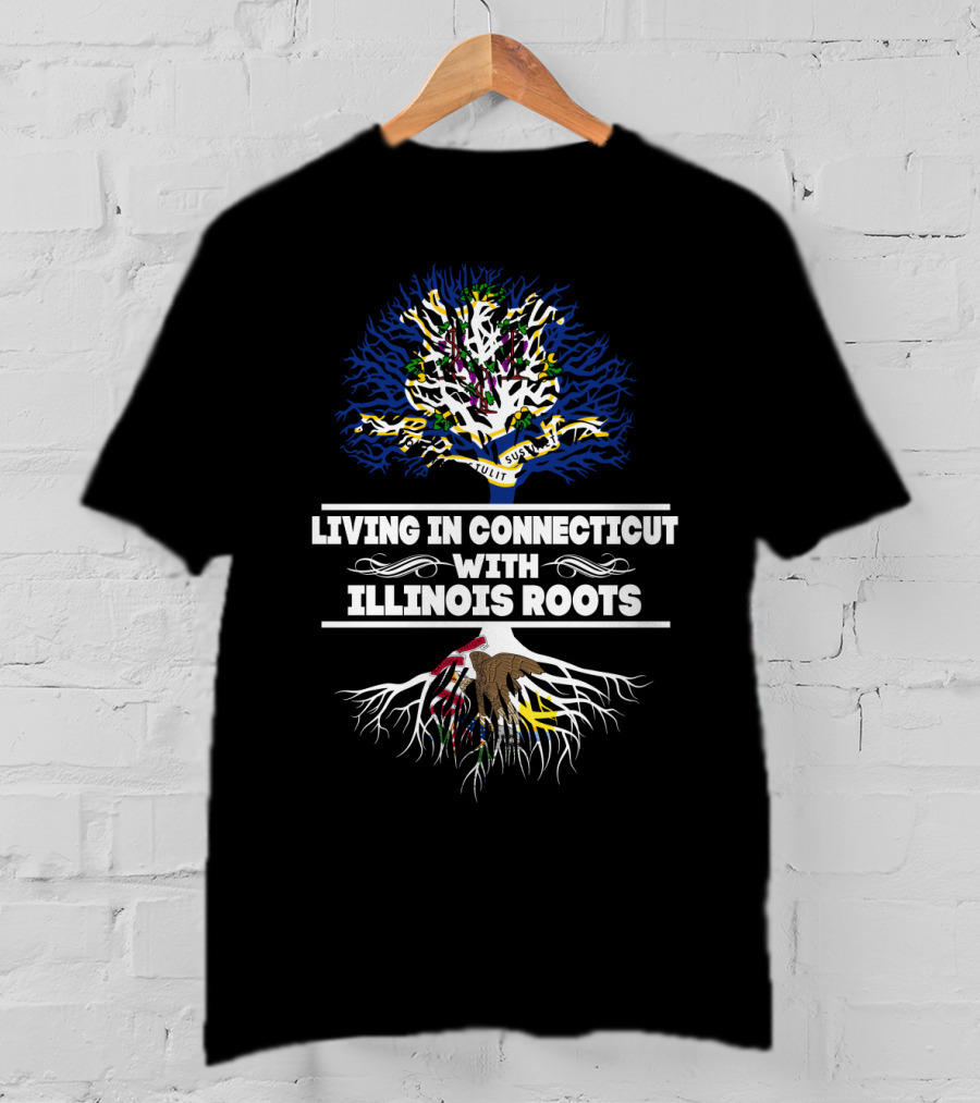 Living In Connecticut With Illinois Roots Tree With State Flag Colors And Seal Symbolism T-Shirt