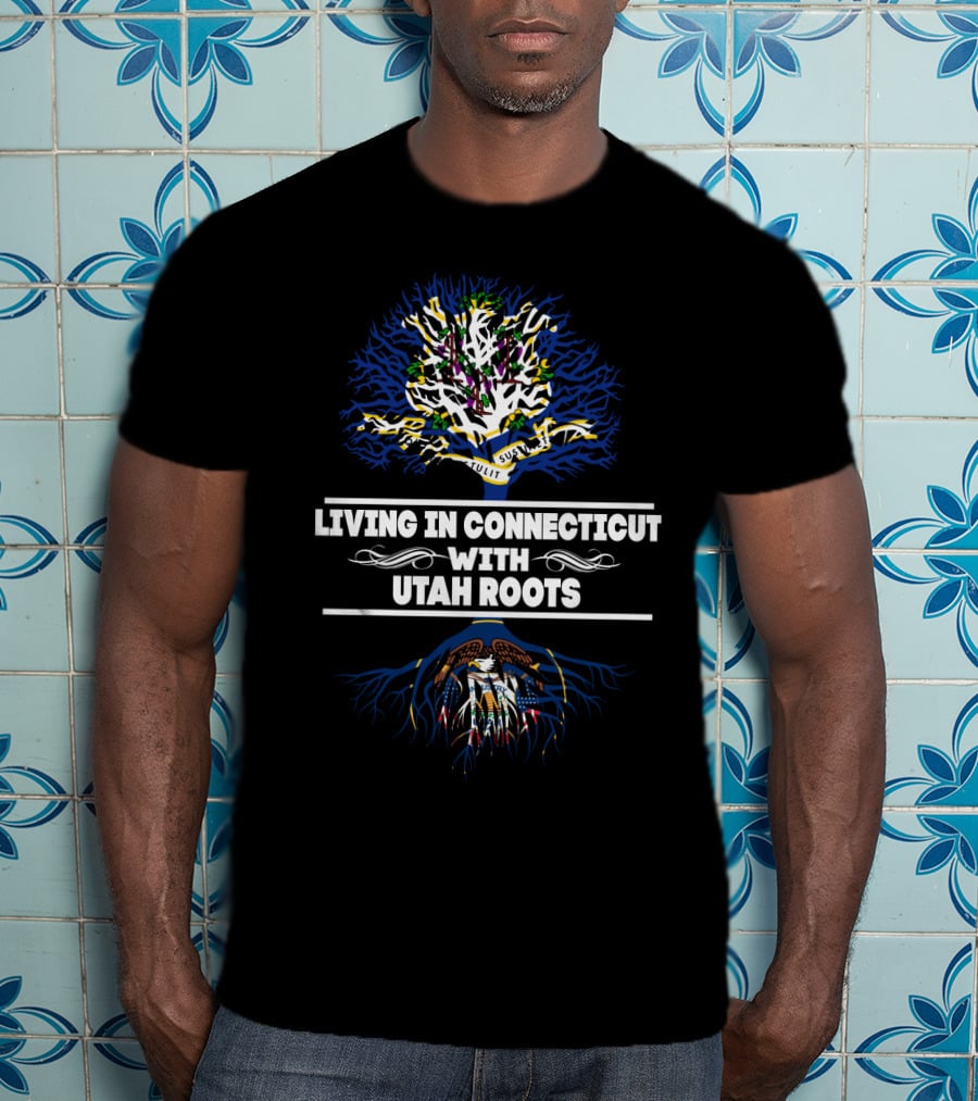 Living In Connecticut With Utah Roots Tree Design Featuring Eagle And Colorful Branches T-Shirt