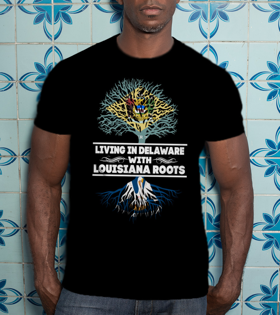 Living In Delaware With LOUISIANA Roots Tree Design Featuring State Symbols T-Shirt