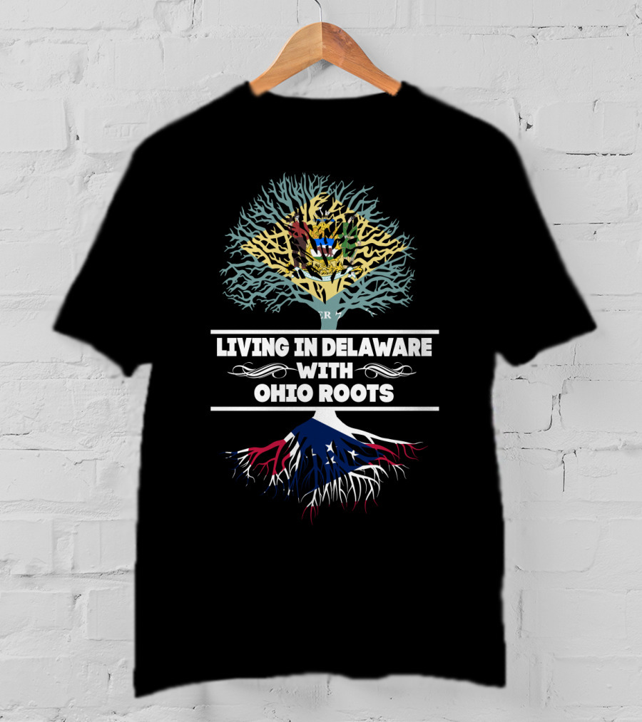 Living In Delaware With Ohio Roots Tree Design Featuring Blue And Red State Outlines T-Shirt