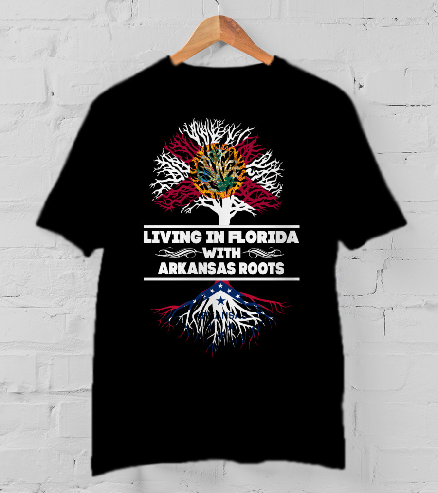 Living In Florida With Arkansas Roots Tree Design Featuring Florida State Seal And Arkansas Flag Elements T-Shirt