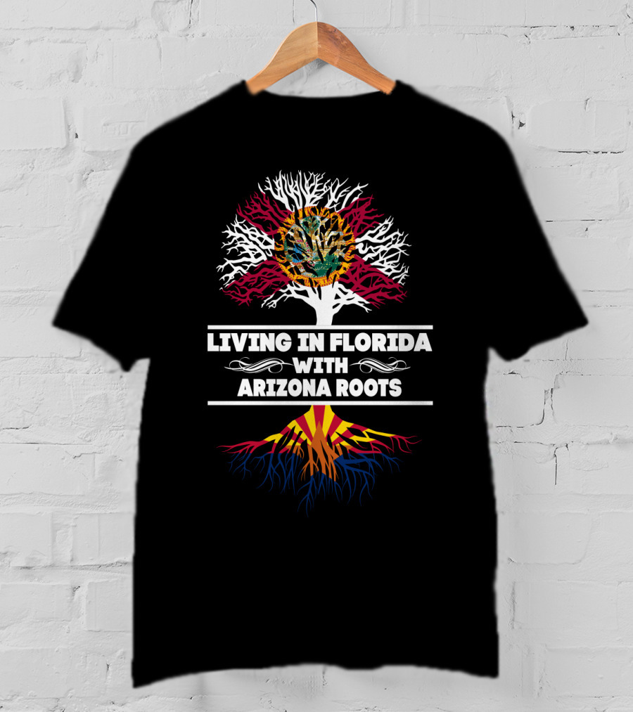 Living In Florida With Arizona Roots Tree Graphic Featuring Florida State Flag And Arizona State Flag Colors T-Shirt