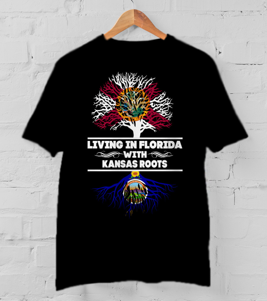 Living In Florida With Kansas Roots Tree Design Featuring State Flags T-Shirt