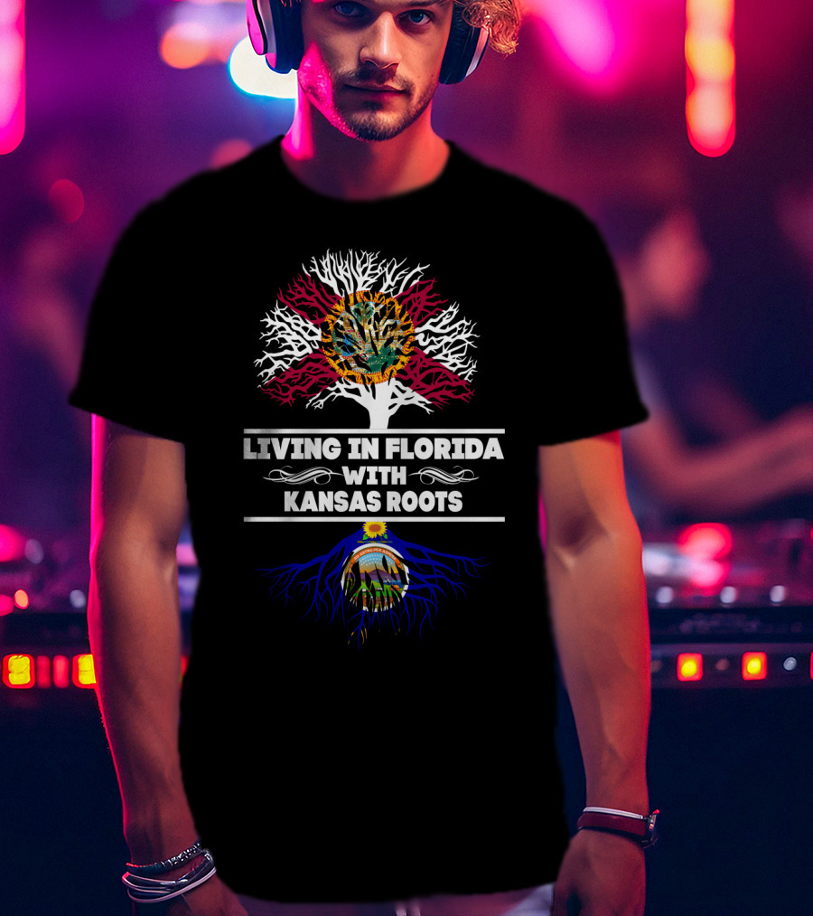 Living In Florida With Kansas Roots Tree Design Featuring State Flags T-Shirt