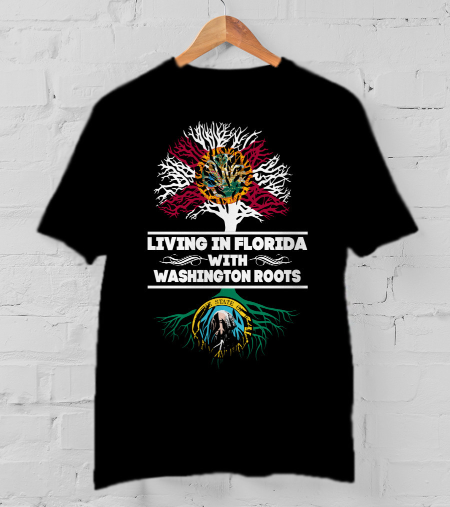 Florida Resident With Strong Washington Heritage Illustrated By State Flags And Tree Roots T-Shirt