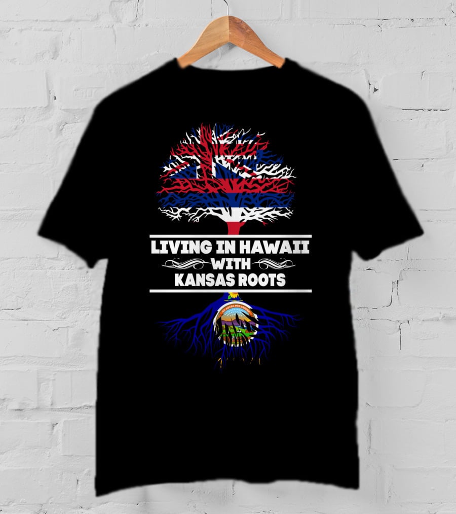 Hawaii Flag And Tree With Kansas Roots Heritage T-Shirt
