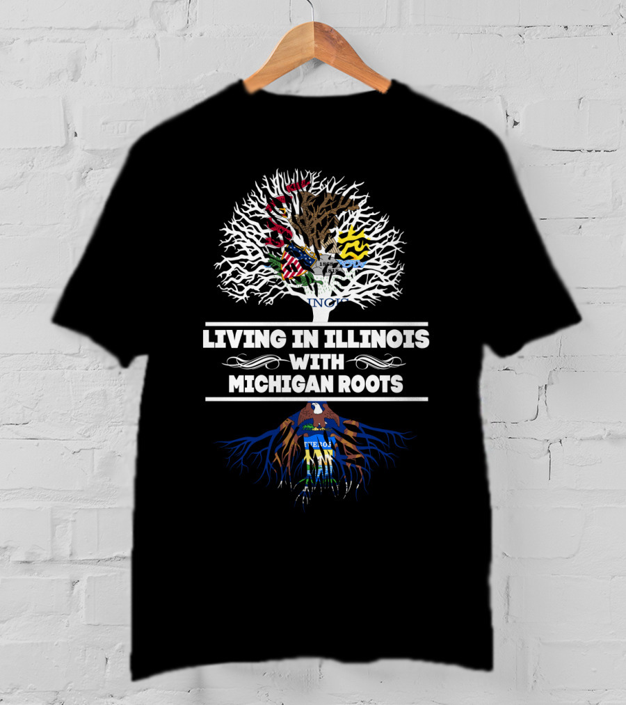 Living In Illinois With Michigan Roots Tree Design Featuring State Flags T-Shirt