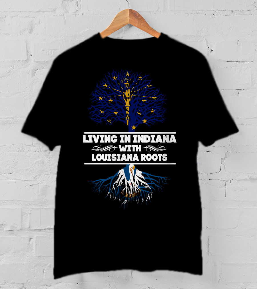 Living In Indiana With Louisiana Roots Blue And Gold Tree With Stars And White Roots T-Shirt