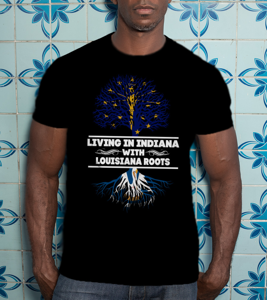 Living In Indiana With Louisiana Roots Blue And Gold Tree With Stars And White Roots T-Shirt