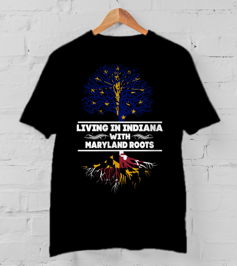 Indiana Living With Strong Maryland Roots Featuring State Flag Colors Of Blue And Yellow Tree T-Shirt