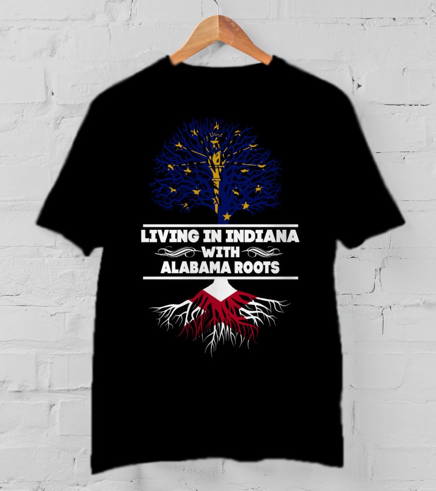 Indiana Living Celebrating Deep Alabama Roots With Tree Imagery And State Colors T-Shirt