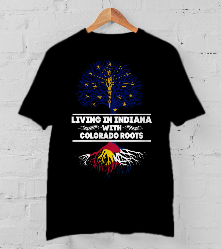 Indiana Skyline And Colorado Flag Tree Symbolizing Living In Indiana With Colorado Roots T-Shirt