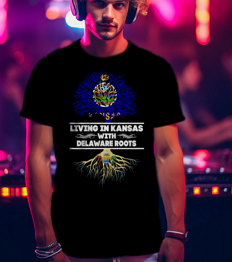 Kansas Living With Delaware Roots Featuring State Flags In Tree T-Shirt