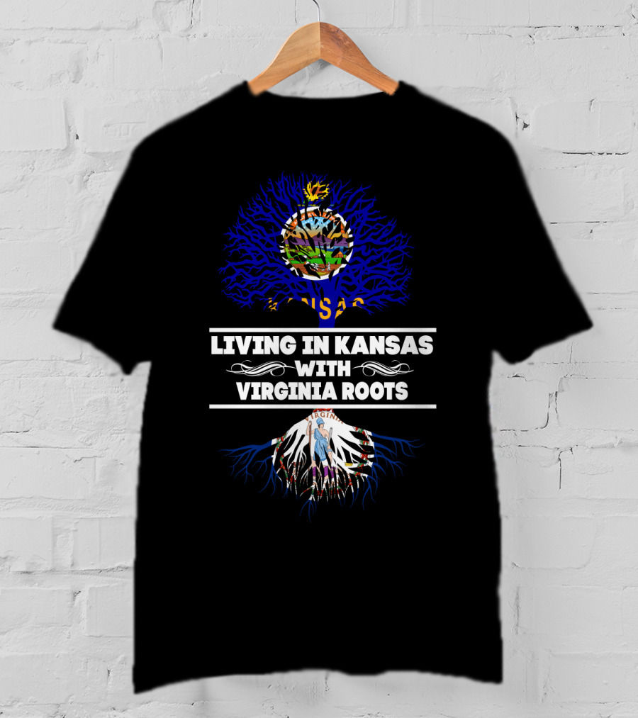 Living In Kansas Showcasing Vibrant State Flag With Proud Virginia Roots Symbolism T-Shirt