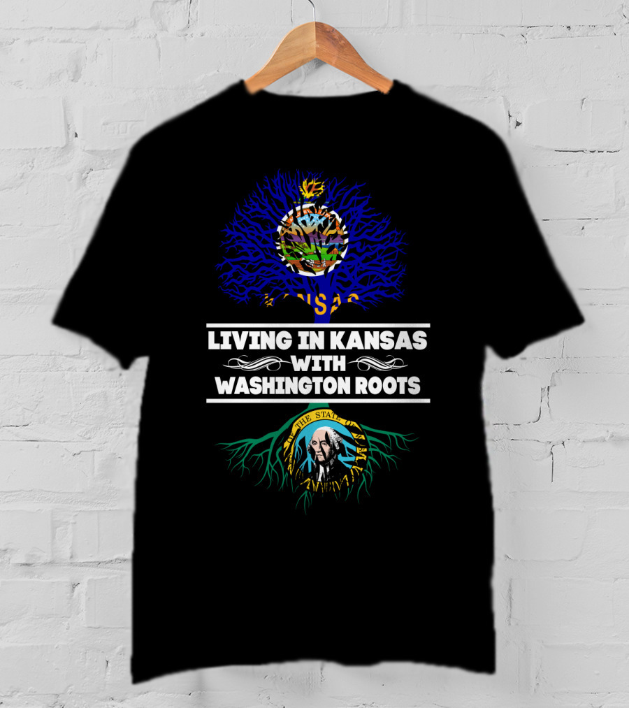Kansas State Flag Over Washington State Seal Roots: Living In Kansas With Washington Heritage T-Shirt