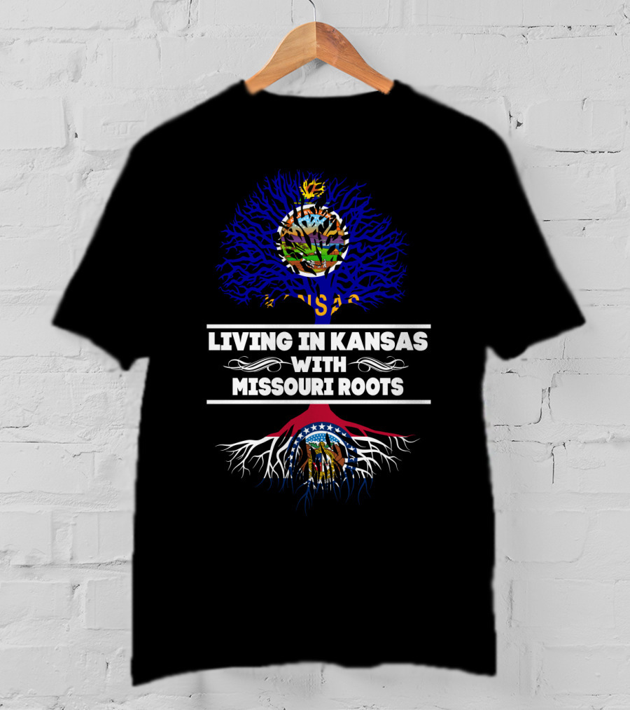 Living In Kansas With Missouri Roots Featuring State Emblems And Tree Symbolism T-Shirt