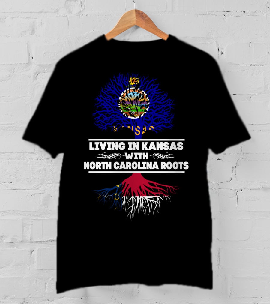 Kansas Living Embraced By North Carolina Roots With State Flag Tree T-Shirt