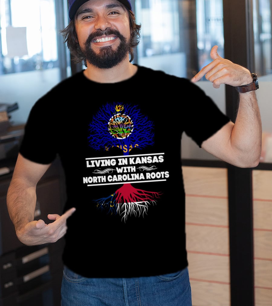 Kansas Living Embraced By North Carolina Roots With State Flag Tree T-Shirt