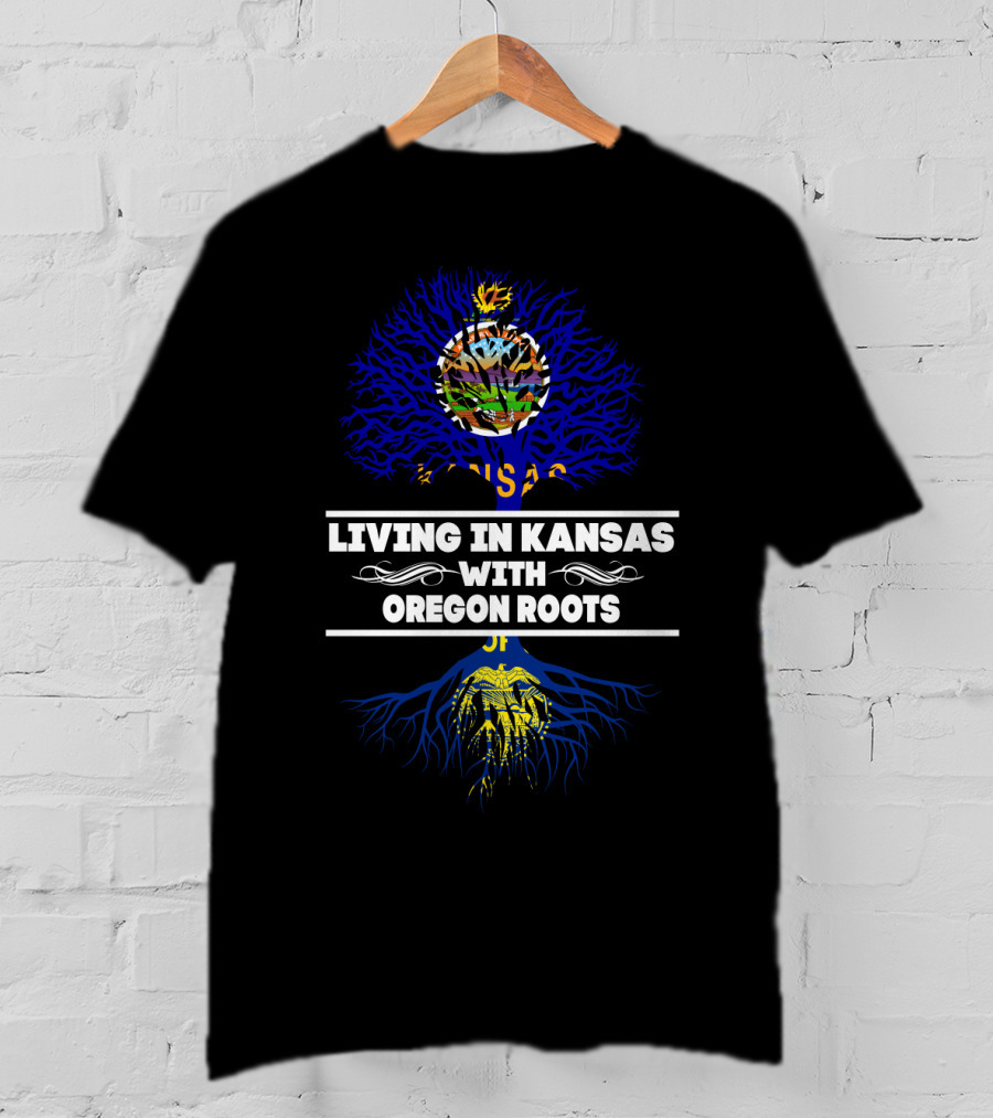 Living In Kansas Embracing Oregon Roots With State Flag Symbolism T-Shirt