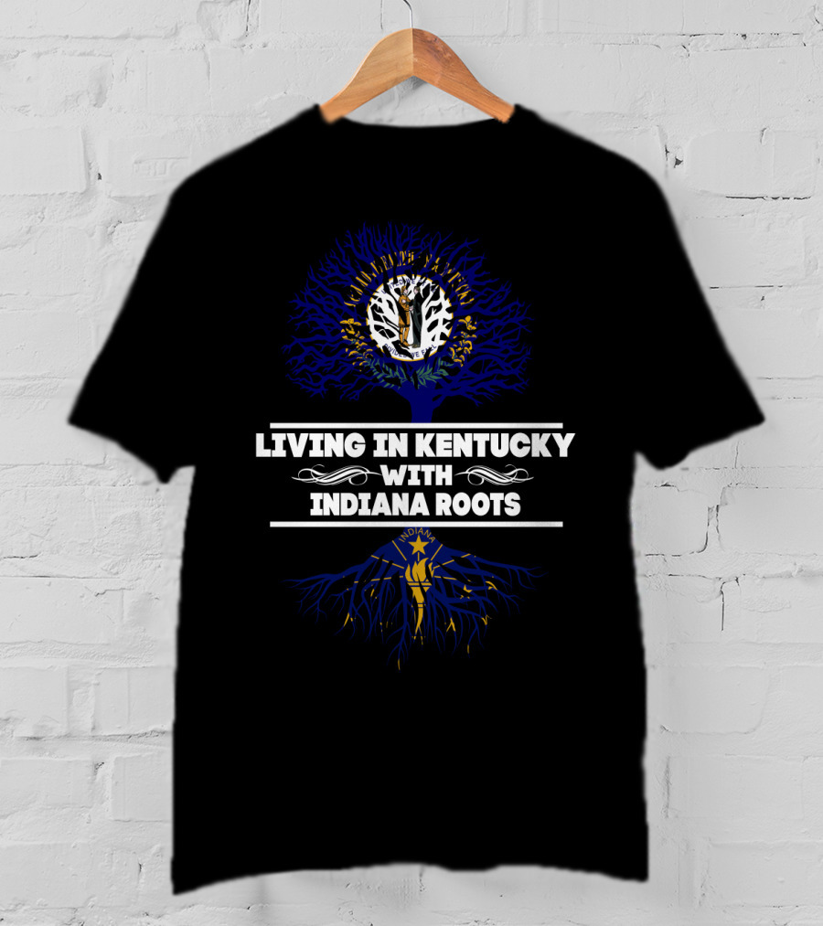Living In Kentucky With Indiana Roots Tree Design Featuring State Symbols T-Shirt