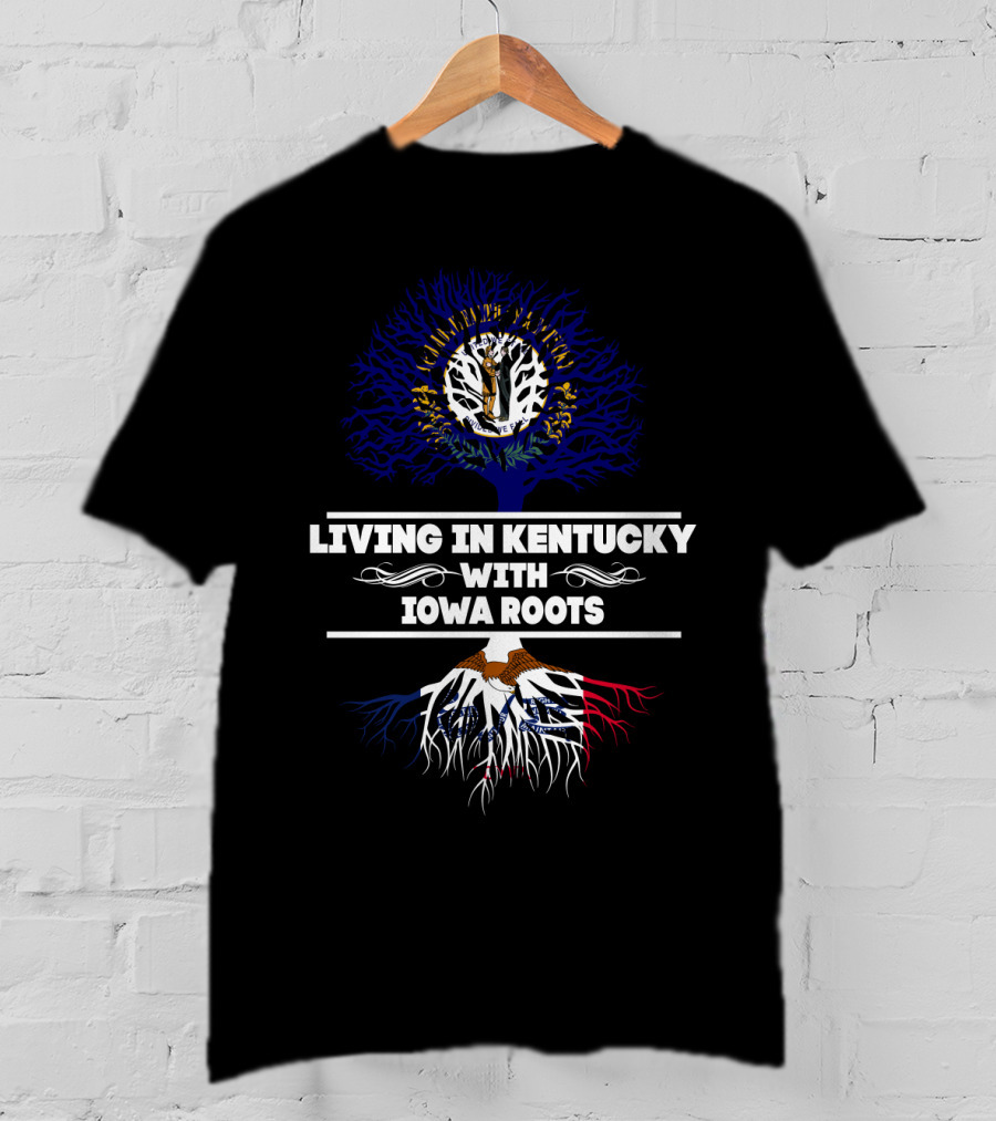 Living In Kentucky With Iowa Roots Tree Design With Blue And Red Elements T-Shirt