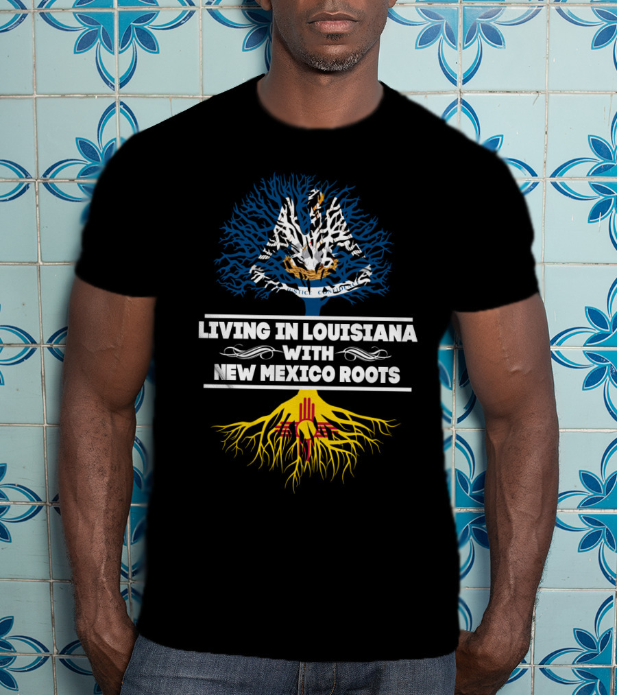 Louisiana Living With New Mexico Roots Featuring Pelican And Zia Symbol Tree T-Shirt