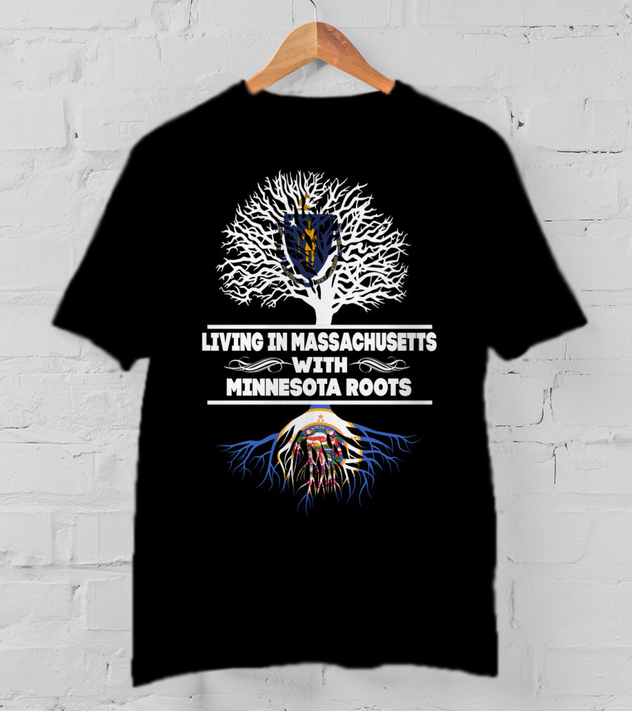 Living In Massachusetts Displaying Proud Minnesota Roots With State Symbols In Tree T-Shirt