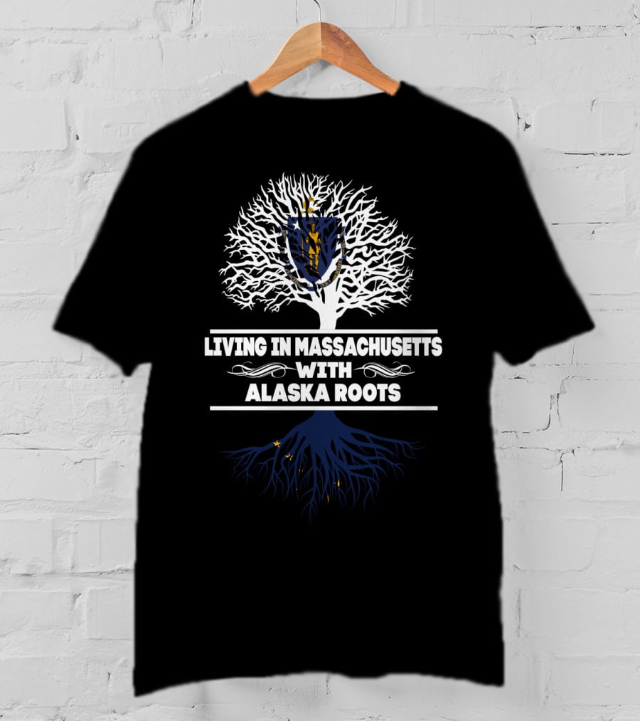 Massachusetts Living With Alaska Roots Tree Graphic Featuring State Symbols And Flags T-Shirt