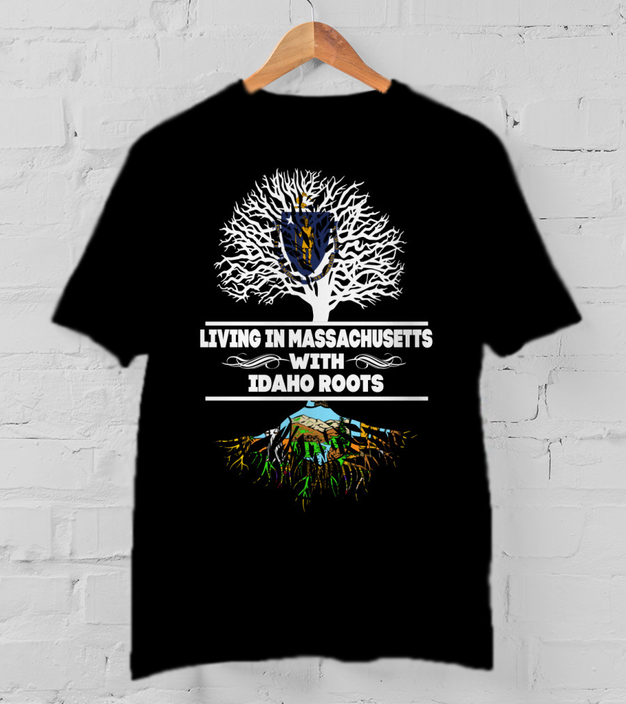 Living In Massachusetts With Idaho Roots Tree Graphic Featuring State Symbols T-Shirt