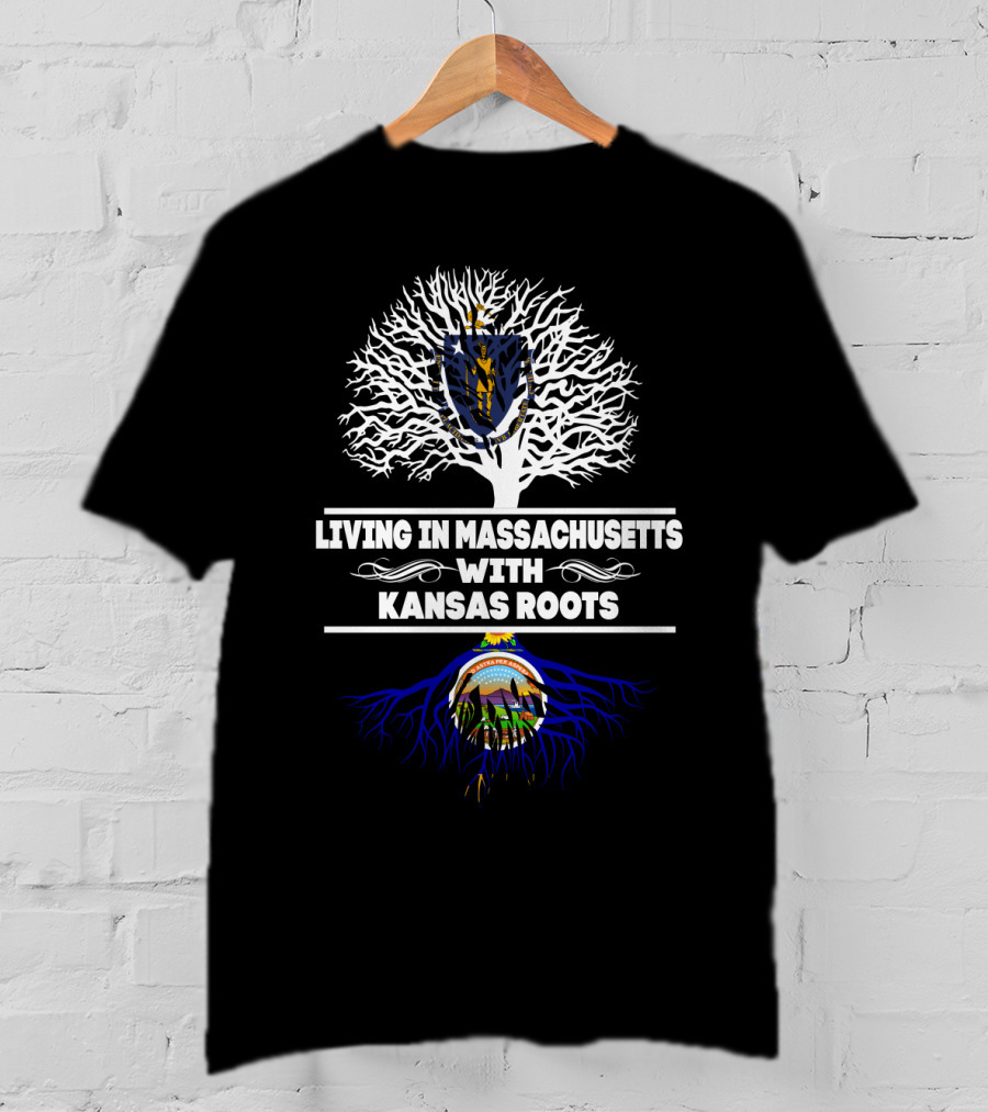 Living In Massachusetts Embracing Kansas Roots With State Crest Symbolism Tree T-Shirt