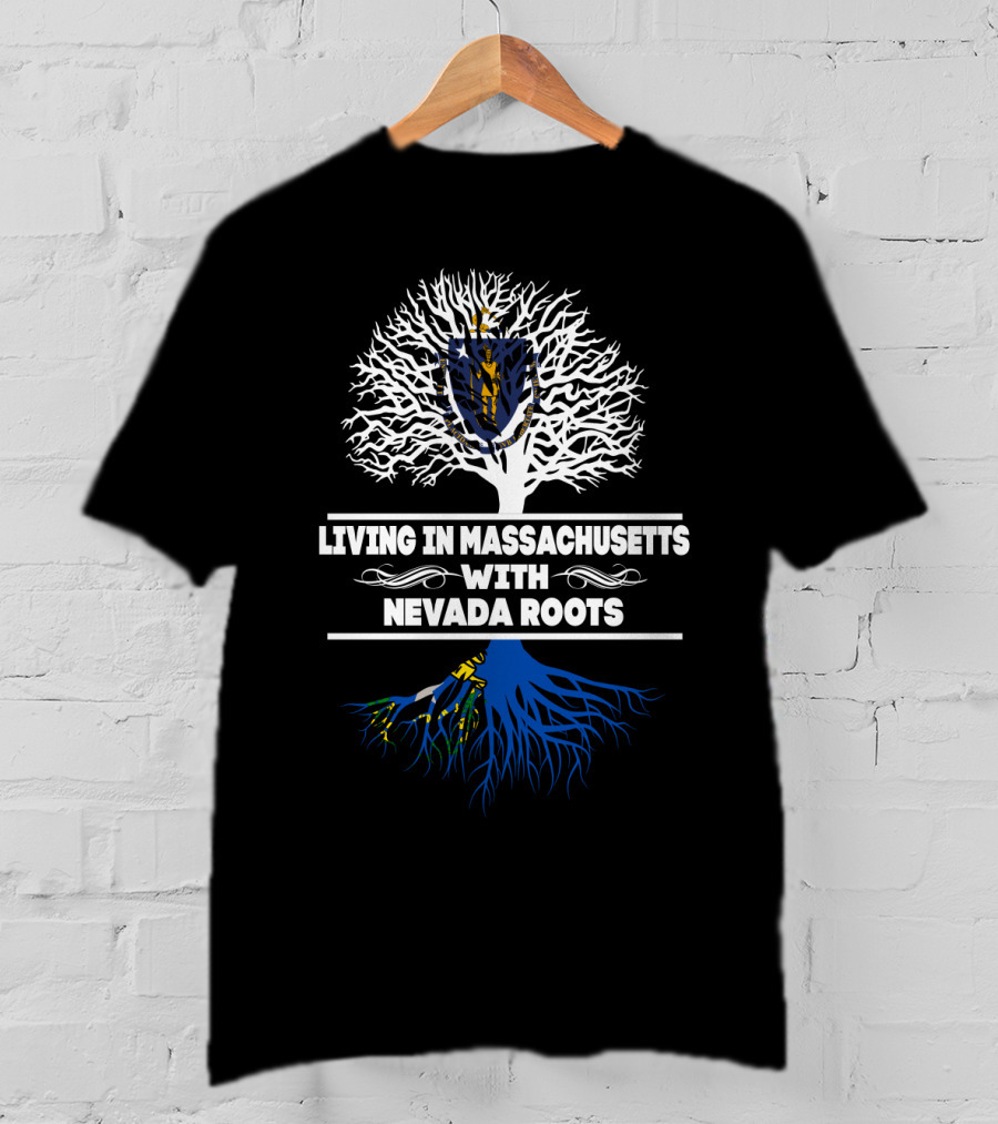 Massachusetts Living Nevada Roots Tree Design With State Flag Elements T-Shirt